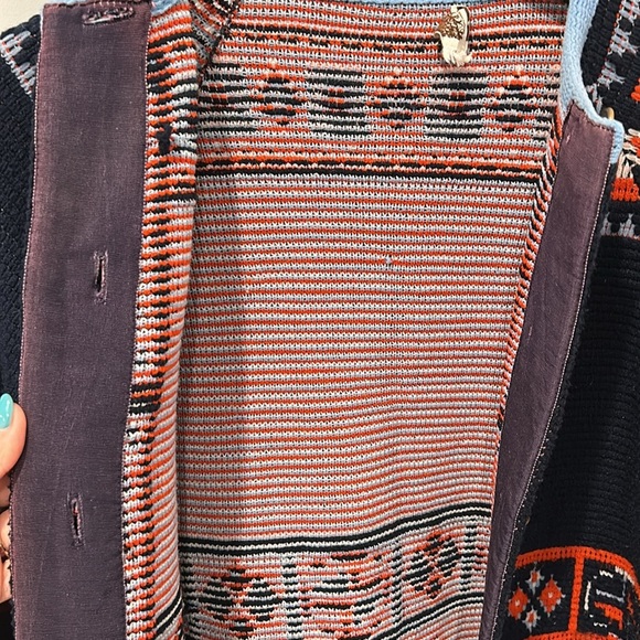 Vintage 1970 Montgomery Ward navy and orange knit native bohemian Cardigan large - Picture 10 of 11